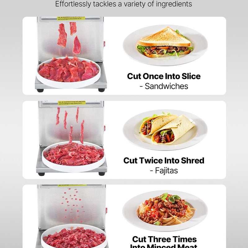 VEVOR gaļas griešanas iekārta 850 W, nerūsējošā tērauda elektriska gaļas griezējmašīna ar 5 mm griešanas biezumu, noņemamiem asmeņiem, ražība līdz 250 kg/h, piemērota mājas virtuvei, restorāniem un lielveikaliem