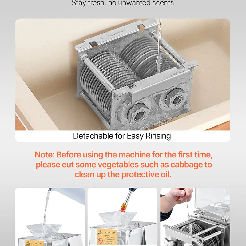 VEVOR gaļas griešanas iekārta 850 W, nerūsējošā tērauda elektriska gaļas griezējmašīna ar 5 mm griešanas biezumu, noņemamiem asmeņiem, ražība līdz 250 kg/h, piemērota mājas virtuvei, restorāniem un lielveikaliem