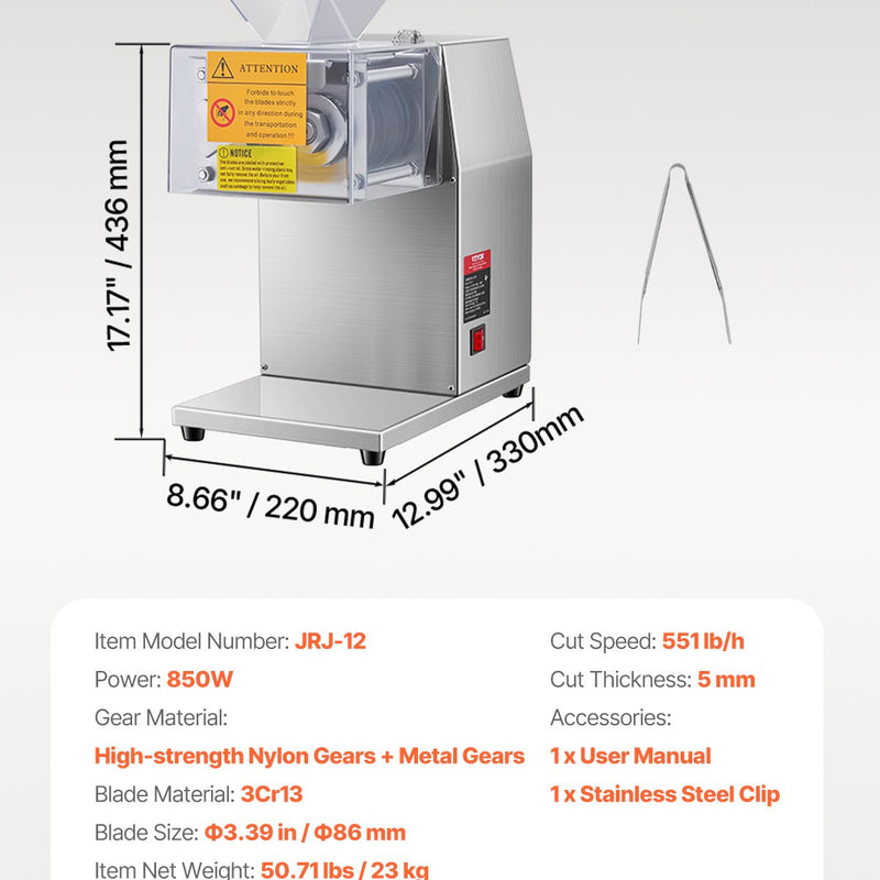 VEVOR gaļas griešanas iekārta 850 W, nerūsējošā tērauda elektriska gaļas griezējmašīna ar 5 mm griešanas biezumu, noņemamiem asmeņiem, ražība līdz 250 kg/h, piemērota mājas virtuvei, restorāniem un lielveikaliem