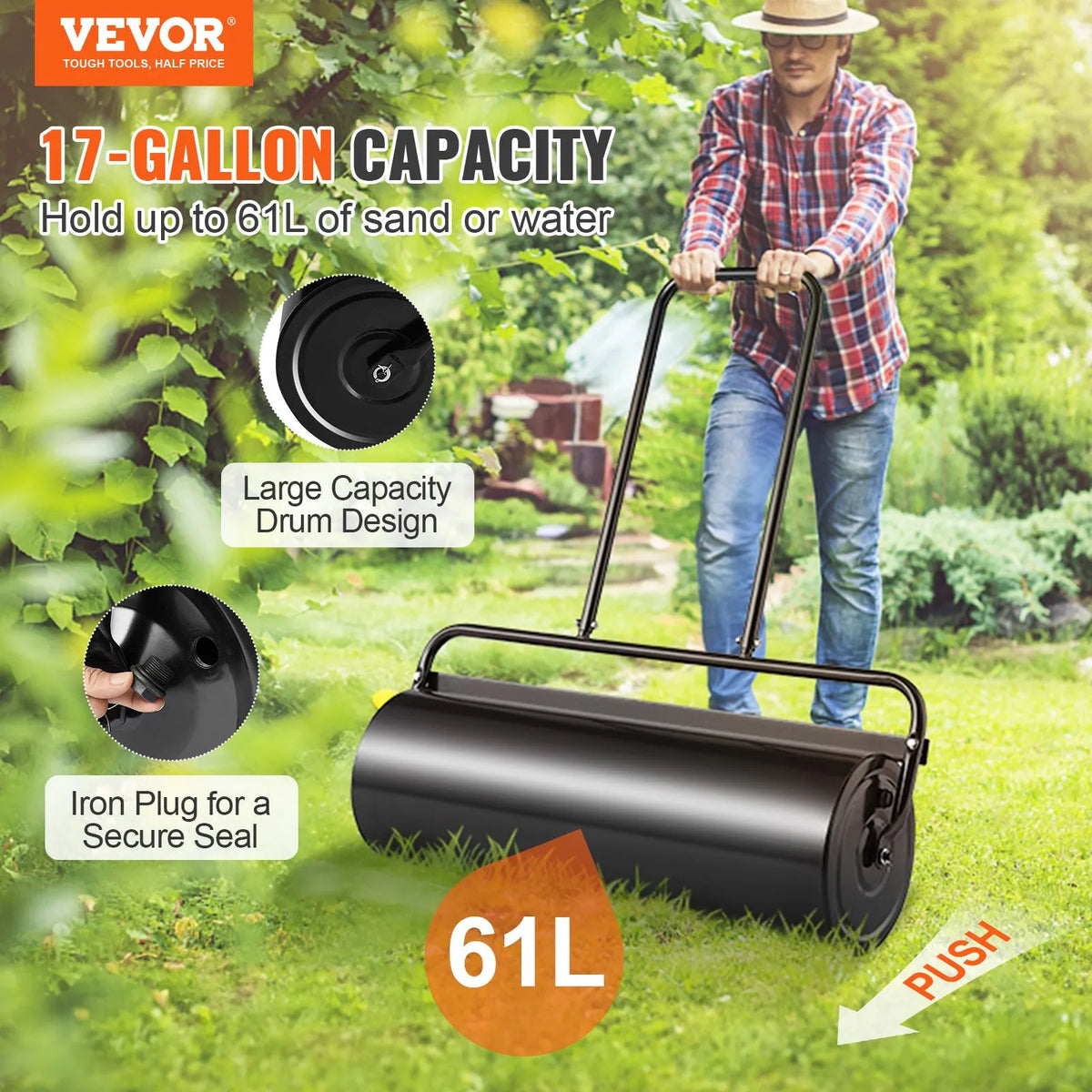 VEVOR Lawn Roller, 64 L Water or Sand Fillable Garden Roller, Steel Lawn Roller with Easy-Turn Fill Cap and U-Shaped Ergonomic Handle for Comfortable Pushing and Pulling, for Lawn, Garden, Farm and Park, Black