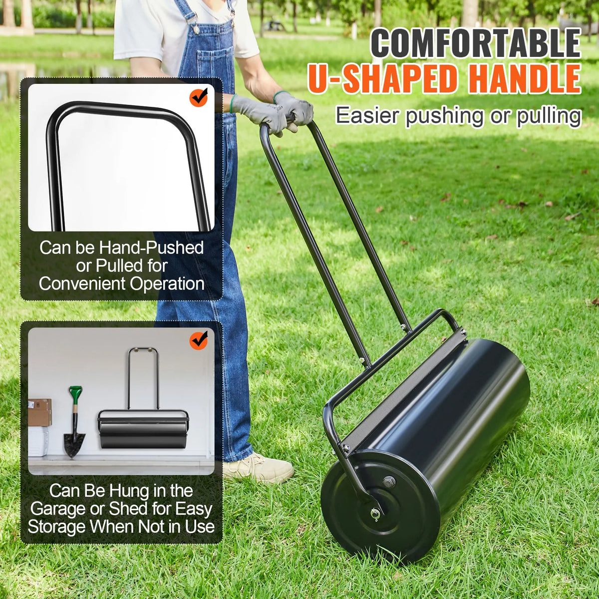 VEVOR Lawn Roller, 64 L Water or Sand Fillable Garden Roller, Steel Lawn Roller with Easy-Turn Fill Cap and U-Shaped Ergonomic Handle for Comfortable Pushing and Pulling, for Lawn, Garden, Farm and Park, Black