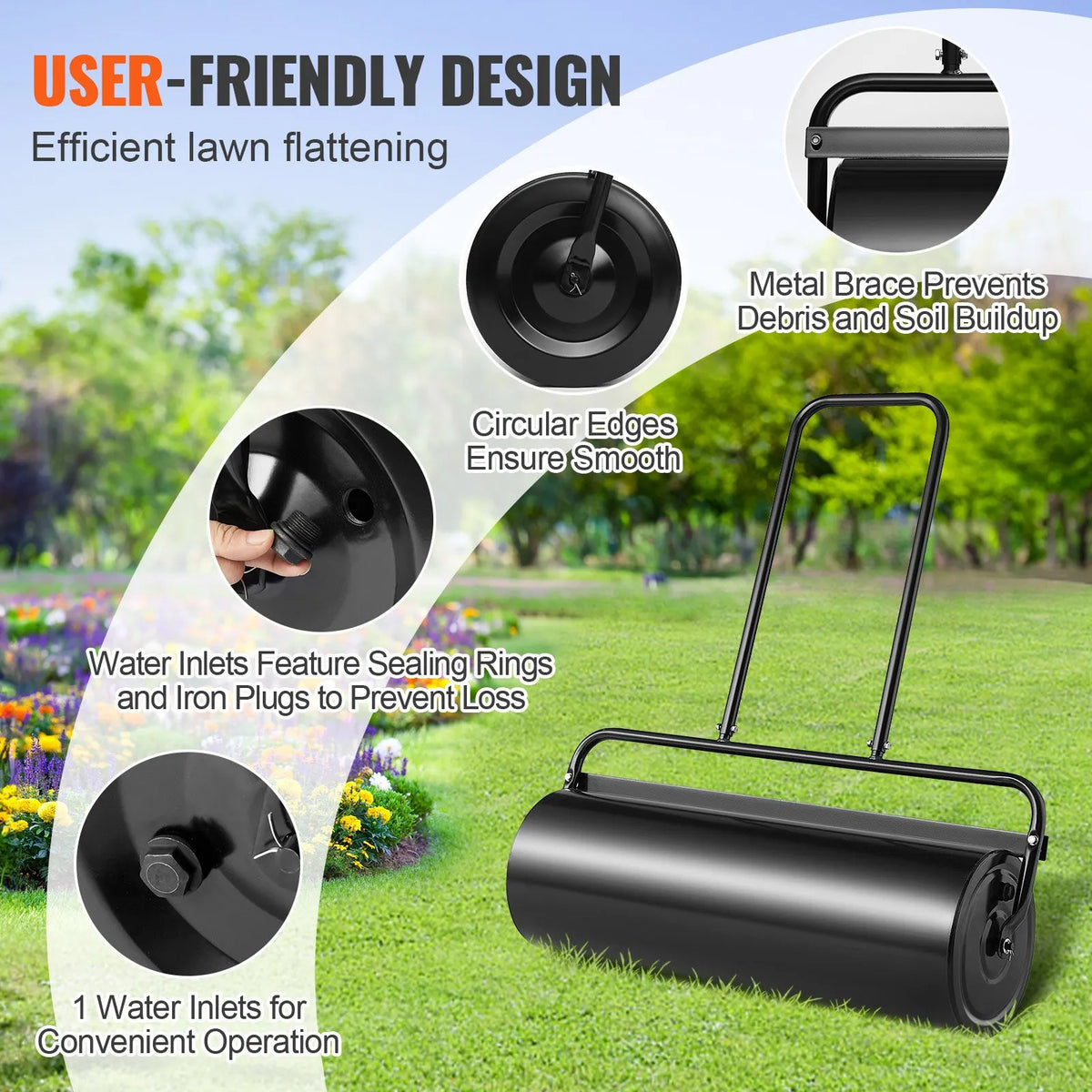 VEVOR Lawn Roller, 64 L Water or Sand Fillable Garden Roller, Steel Lawn Roller with Easy-Turn Fill Cap and U-Shaped Ergonomic Handle for Comfortable Pushing and Pulling, for Lawn, Garden, Farm and Park, Black