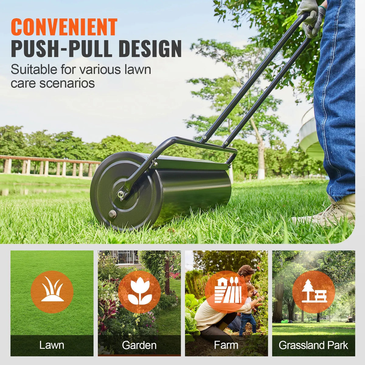 VEVOR Lawn Roller, 64 L Water or Sand Fillable Garden Roller, Steel Lawn Roller with Easy-Turn Fill Cap and U-Shaped Ergonomic Handle for Comfortable Pushing and Pulling, for Lawn, Garden, Farm and Park, Black