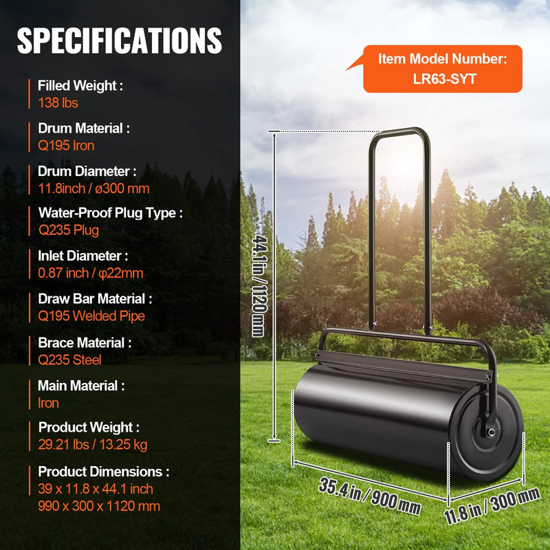 VEVOR zāliena veltnis, 64 l ar smiltīm vai ūdeni pildāms dārza veltnis, tērauda zāliena veltnis ar viegli pagriežamu uzpildes aizbāzni un U veida ergonomisku rokturi ērtai stumšanai un vilkšanai, zālienam, dārzam, saimniecībai un parkam, melns