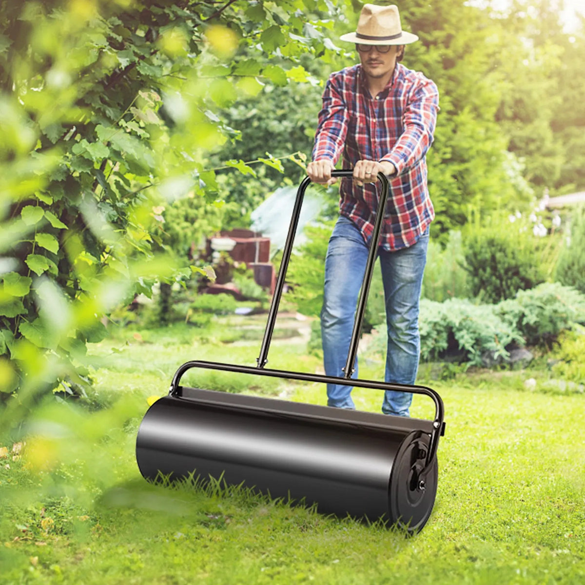 VEVOR Lawn Roller, 64 L Water or Sand Fillable Garden Roller, Steel Lawn Roller with Easy-Turn Fill Cap and U-Shaped Ergonomic Handle for Comfortable Pushing and Pulling, for Lawn, Garden, Farm and Park, Black