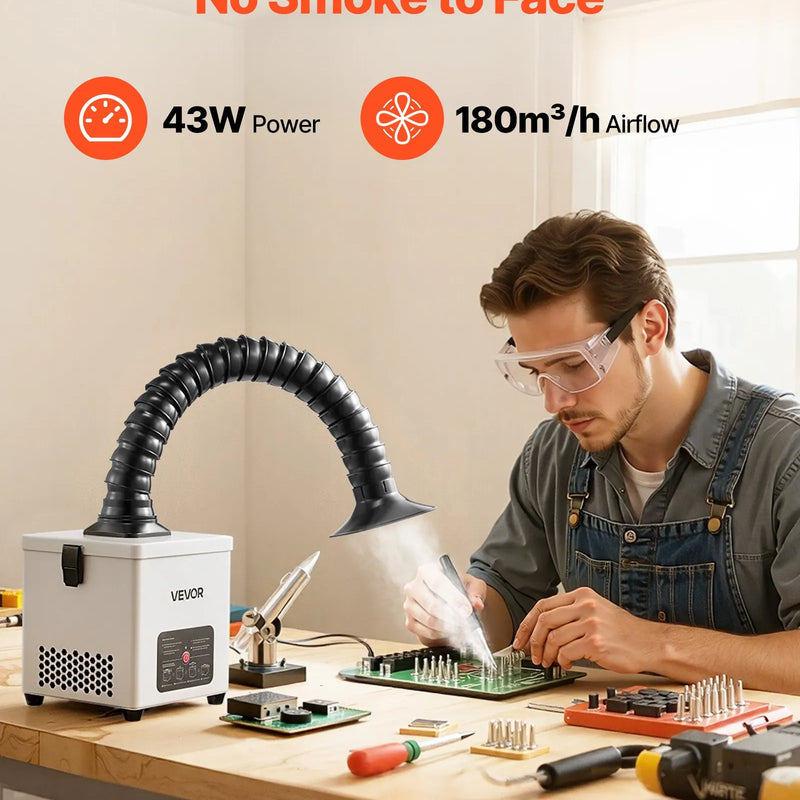 VEVOR lodēšanas dūmu nosūcējs, 3 pakāpju filtrācijas lodēšanas dūmu savācējs ar jaudīgu 180 m³/h gaisa plūsmu un 3 līmeņu ātruma regulēšanu, kompakts galda tipa bezsuku dūmu ekstraktors lodēšanai un DIY metināšanai
