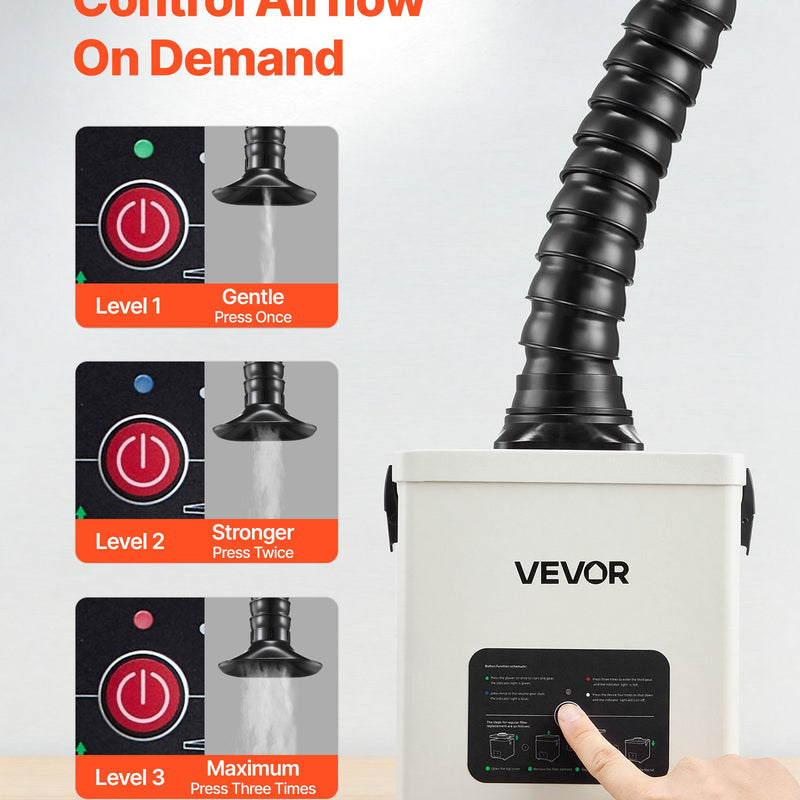 VEVOR lodēšanas dūmu nosūcējs, 3 pakāpju filtrācijas lodēšanas dūmu savācējs ar jaudīgu 180 m³/h gaisa plūsmu un 3 līmeņu ātruma regulēšanu, kompakts galda tipa bezsuku dūmu ekstraktors lodēšanai un DIY metināšanai