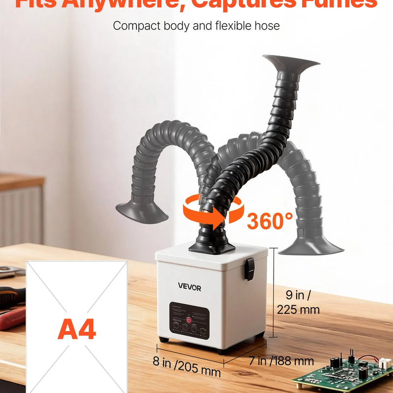VEVOR lodēšanas dūmu nosūcējs, 3 pakāpju filtrācijas lodēšanas dūmu savācējs ar jaudīgu 180 m³/h gaisa plūsmu un 3 līmeņu ātruma regulēšanu, kompakts galda tipa bezsuku dūmu ekstraktors lodēšanai un DIY metināšanai