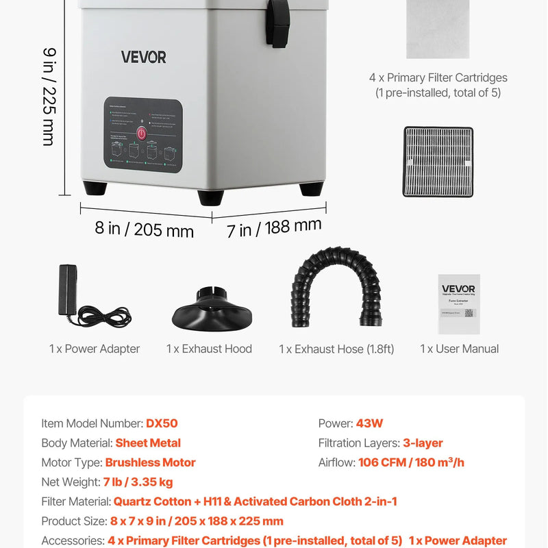 VEVOR lodēšanas dūmu nosūcējs, 3 pakāpju filtrācijas lodēšanas dūmu savācējs ar jaudīgu 180 m³/h gaisa plūsmu un 3 līmeņu ātruma regulēšanu, kompakts galda tipa bezsuku dūmu ekstraktors lodēšanai un DIY metināšanai