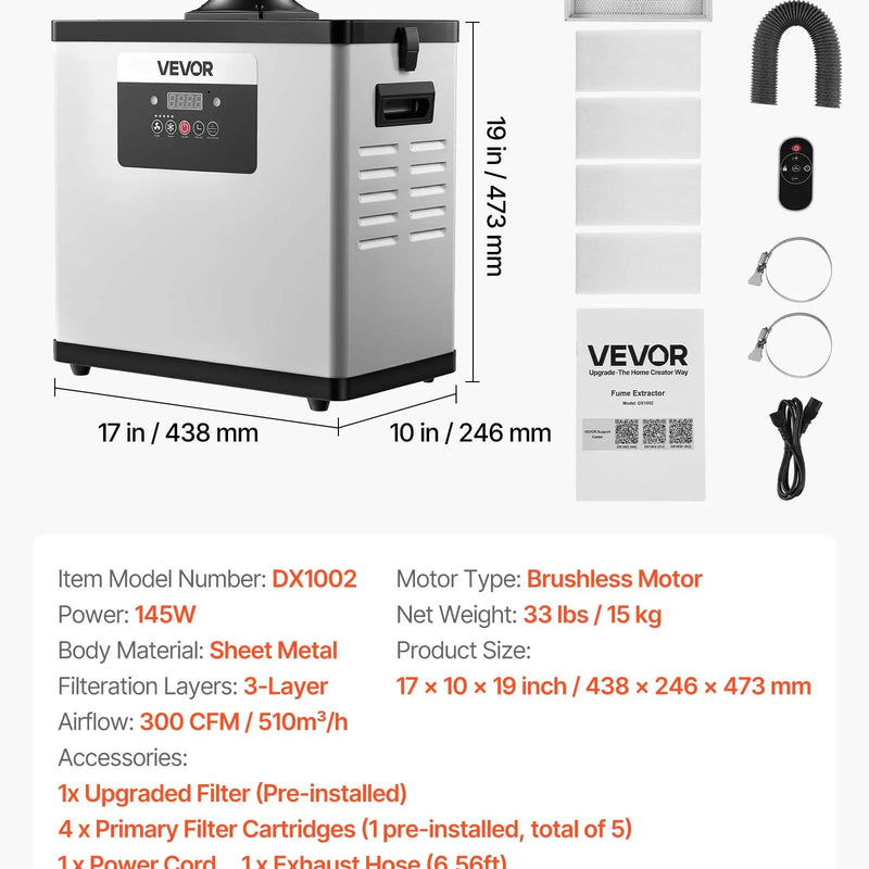VEVOR lodēšanas dūmu nosūcējs, uzlabota 4 pakāpju filtrācija, lodēšanas dūmu savācējs ar jaudīgu 510 m³/h nosūkšanu, 10 ātrumu regulēšana un tālvadība, bezsuku dūmu ekstraktors lāzergravēšanai un 3D drukai