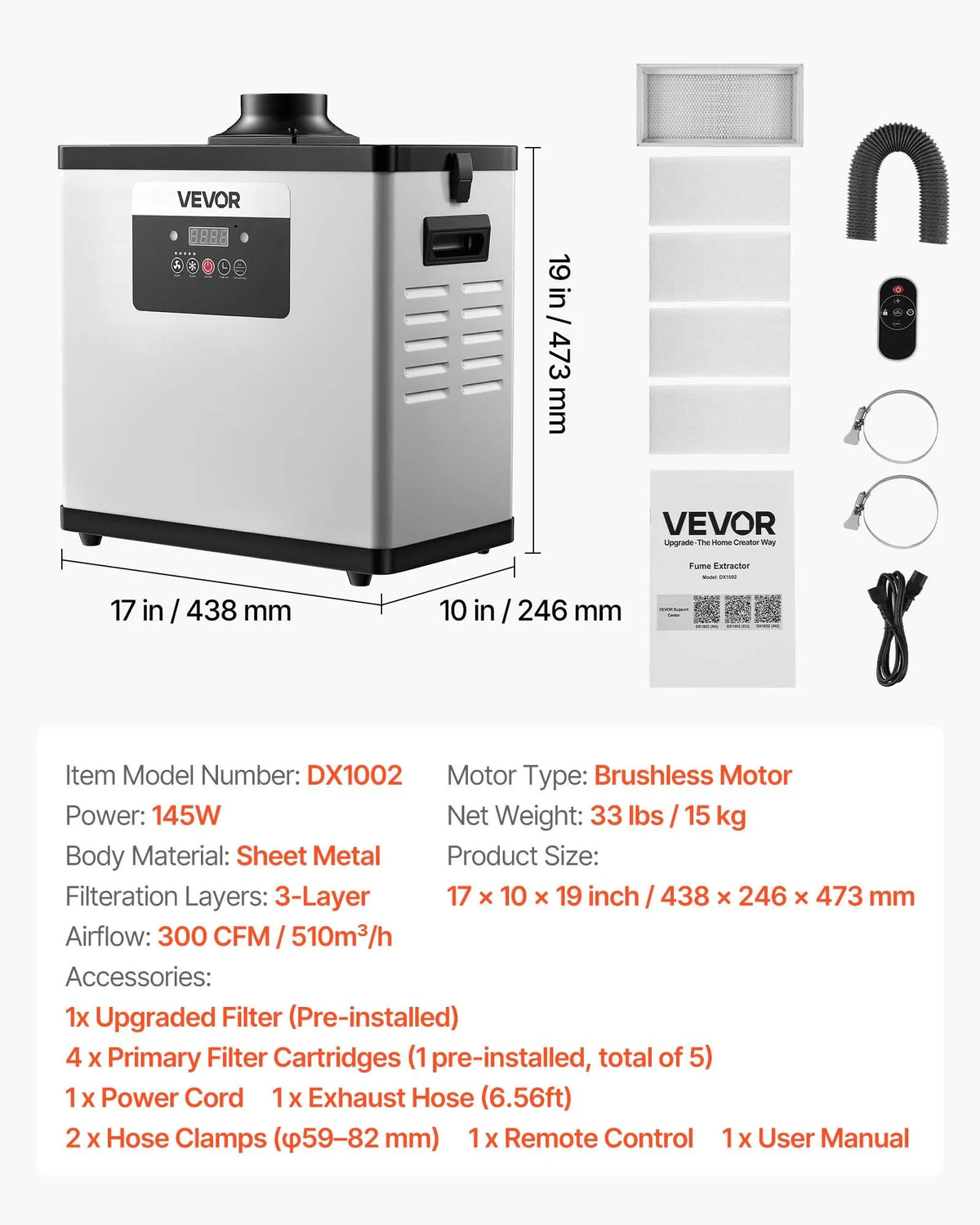VEVOR Soldering Fume Extractor 510 m³/h with 4-Stage Filtration, 10 Speeds, Remote Control
