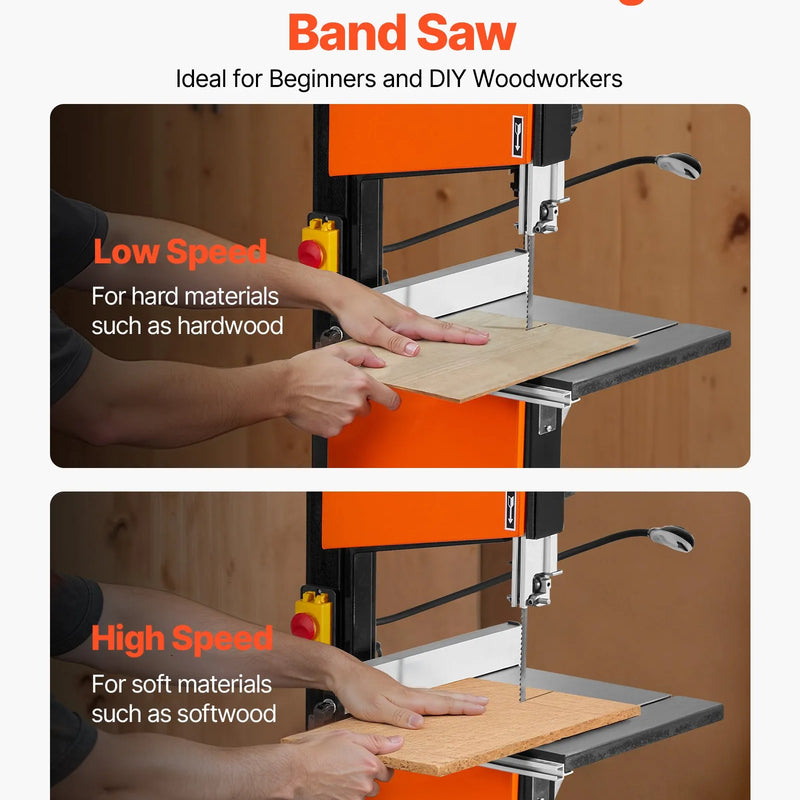 VEVOR lentzāģis ar statīvu, 254 mm divu ātrumu galda lentzāģis, 373 W (0,5 ZS), maks. griešanas augstums 160 mm, 335 × 340 mm čuguna galds ar 360° darba apgaismojumu, leņķmēru un vadotni kokapstrādei