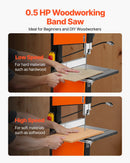 VEVOR lentzāģis ar statīvu, 254 mm divu ātrumu galda lentzāģis, 373 W (0,5 ZS), maks. griešanas augstums 160 mm, 335 × 340 mm čuguna galds ar 360° darba apgaismojumu, leņķmēru un vadotni kokapstrādei