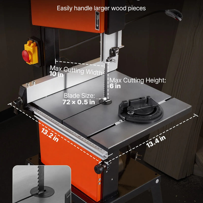 VEVOR lentzāģis ar statīvu, 254 mm divu ātrumu galda lentzāģis, 373 W (0,5 ZS), maks. griešanas augstums 160 mm, 335 × 340 mm čuguna galds ar 360° darba apgaismojumu, leņķmēru un vadotni kokapstrādei