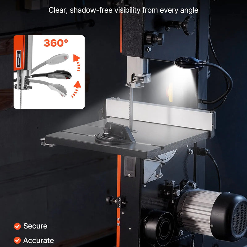 VEVOR lentzāģis ar statīvu, 254 mm divu ātrumu galda lentzāģis, 373 W (0,5 ZS), maks. griešanas augstums 160 mm, 335 × 340 mm čuguna galds ar 360° darba apgaismojumu, leņķmēru un vadotni kokapstrādei