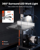 VEVOR lentzāģis ar statīvu, 254 mm divu ātrumu galda lentzāģis, 373 W (0,5 ZS), maks. griešanas augstums 160 mm, 335 × 340 mm čuguna galds ar 360° darba apgaismojumu, leņķmēru un vadotni kokapstrādei