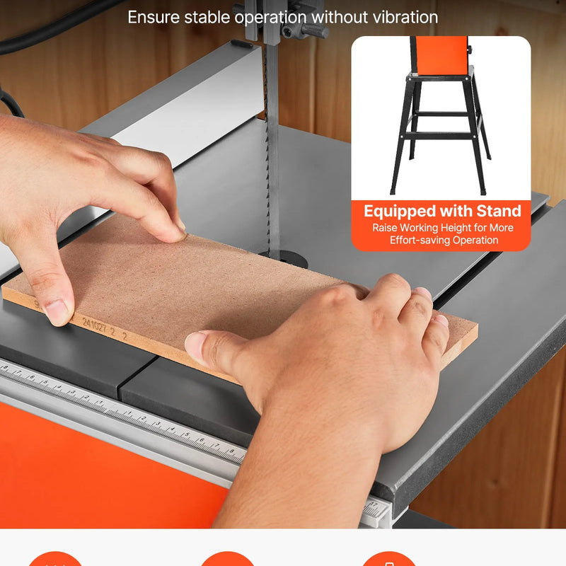VEVOR lentzāģis ar statīvu, 254 mm divu ātrumu galda lentzāģis, 373 W (0,5 ZS), maks. griešanas augstums 160 mm, 335 × 340 mm čuguna galds ar 360° darba apgaismojumu, leņķmēru un vadotni kokapstrādei