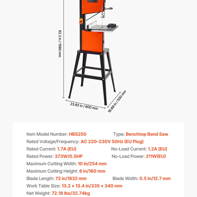 VEVOR lentzāģis ar statīvu, 254 mm divu ātrumu galda lentzāģis, 373 W (0,5 ZS), maks. griešanas augstums 160 mm, 335 × 340 mm čuguna galds ar 360° darba apgaismojumu, leņķmēru un vadotni kokapstrādei