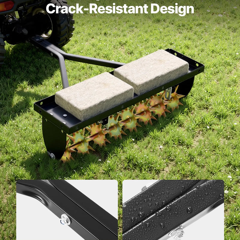VEVOR velkams zāliena aerators 81 cm ar universālu sakabi, izturīgs un pret rūsu noturīgs augsnes aerācijas instruments ar svara platformu, paredzēts traktoriem un dārza tehnikai - ZEMLETES.LV