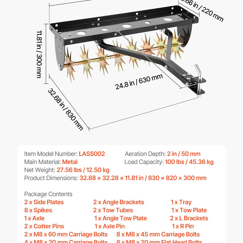 VEVOR velkams zāliena aerators 81 cm ar universālu sakabi, izturīgs un pret rūsu noturīgs augsnes aerācijas instruments ar svara platformu, paredzēts traktoriem un dārza tehnikai - ZEMLETES.LV