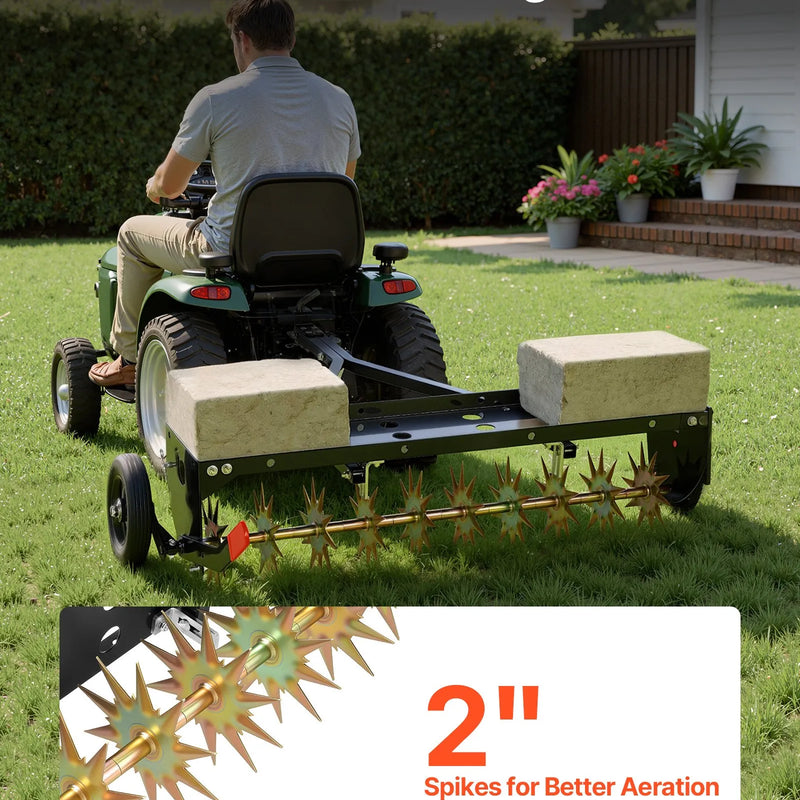 VEVOR velkamais zāliena aerators ar universālu sakabi, 102 cm darba platums, 68 kg slodzes ietilpība, izturīga un rūsas noturīga konstrukcija, aerācijas instruments ar paplāti traktoriem un zāliena tehnikai - ZEMLETES.LV
