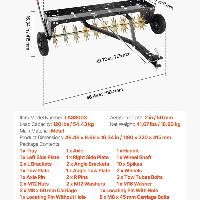 VEVOR velkamais zāliena aerators ar universālu sakabi, 102 cm darba platums, 68 kg slodzes ietilpība, izturīga un rūsas noturīga konstrukcija, aerācijas instruments ar paplāti traktoriem un zāliena tehnikai - ZEMLETES.LV