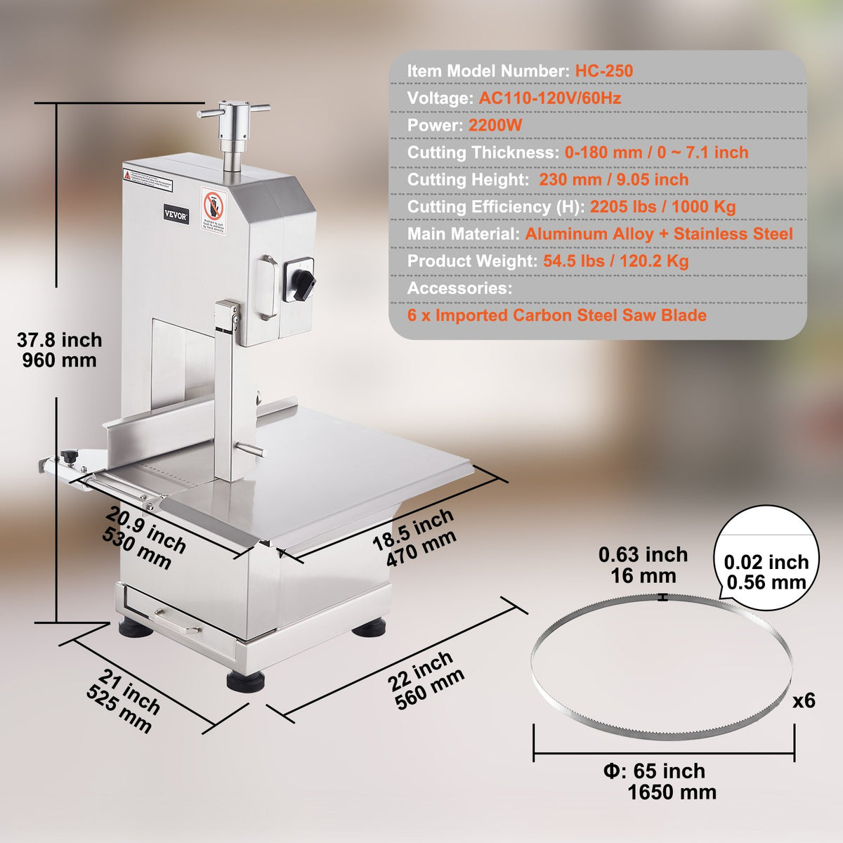 VEVOR elektriline liha ja luu lintsaag 2200 W, roostevaba teras