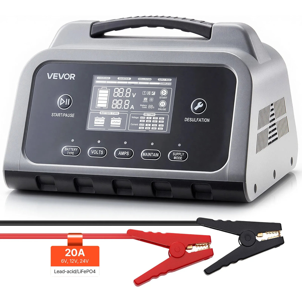 VEVOR viedais akumulatoru lādētājs 20 A, 6 V / 12 V / 24 V LiFePO4 un svina - skābes akumulatoriem (GEL / AGM), ar LCD displeju, uzturēšanas un desulfatācijas funkciju, piemērots automašīnām, laivām, motocikliem un zāles pļāvējiem - ZEMLETES.LV