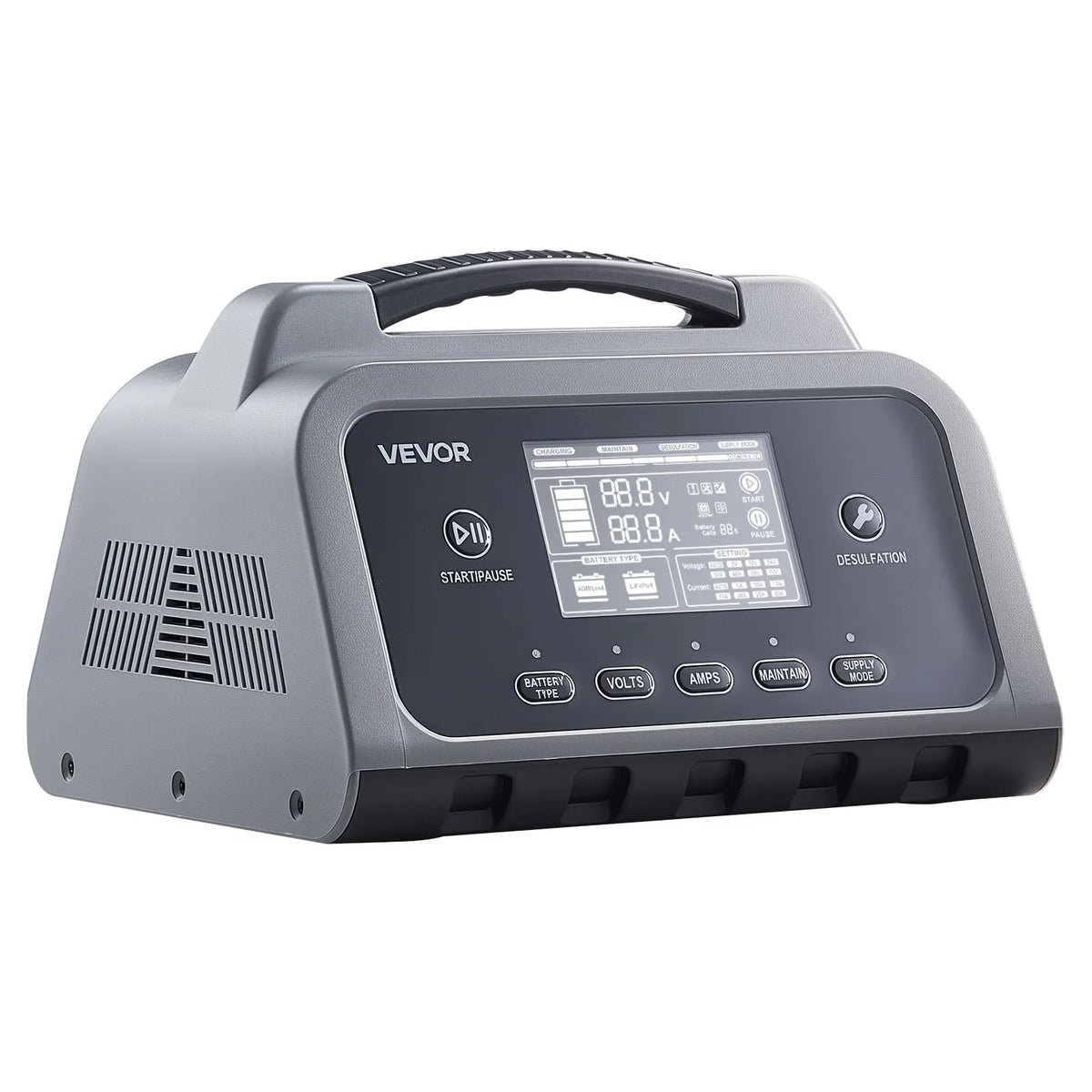VEVOR viedais akumulatoru lādētājs 20 A, 6 V / 12 V / 24 V LiFePO4 un svina - skābes akumulatoriem (GEL / AGM), ar LCD displeju, uzturēšanas un desulfatācijas funkciju, piemērots automašīnām, laivām, motocikliem un zāles pļāvējiem - ZEMLETES.LV