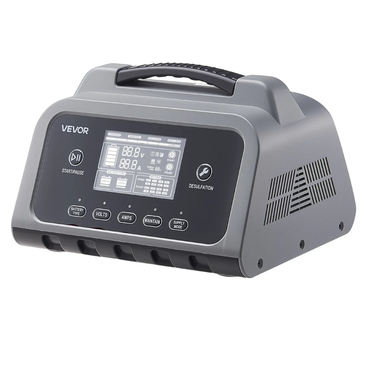 VEVOR viedais akumulatoru lādētājs 20 A, 6 V / 12 V / 24 V LiFePO4 un svina - skābes akumulatoriem (GEL / AGM), ar LCD displeju, uzturēšanas un desulfatācijas funkciju, piemērots automašīnām, laivām, motocikliem un zāles pļāvējiem - ZEMLETES.LV
