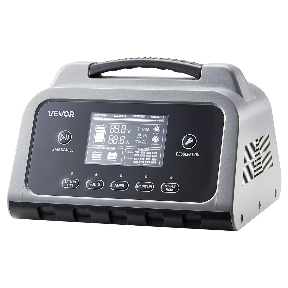 VEVOR viedais akumulatoru lādētājs 20 A, 6 V / 12 V / 24 V LiFePO4 un svina - skābes akumulatoriem (GEL / AGM), ar LCD displeju, uzturēšanas un desulfatācijas funkciju, piemērots automašīnām, laivām, motocikliem un zāles pļāvējiem - ZEMLETES.LV