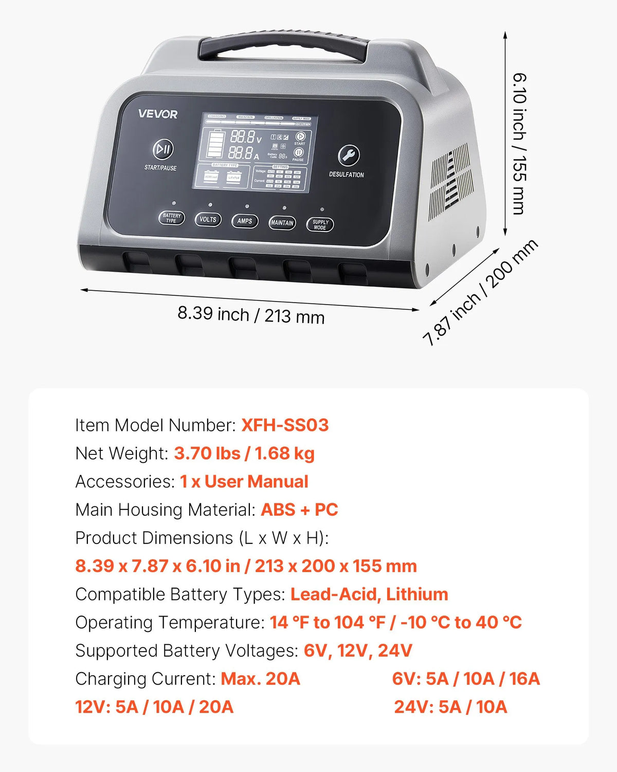 VEVOR viedais akumulatoru lādētājs 20 A, 6 V / 12 V / 24 V LiFePO4 un svina - skābes akumulatoriem (GEL / AGM), ar LCD displeju, uzturēšanas un desulfatācijas funkciju, piemērots automašīnām, laivām, motocikliem un zāles pļāvējiem - ZEMLETES.LV