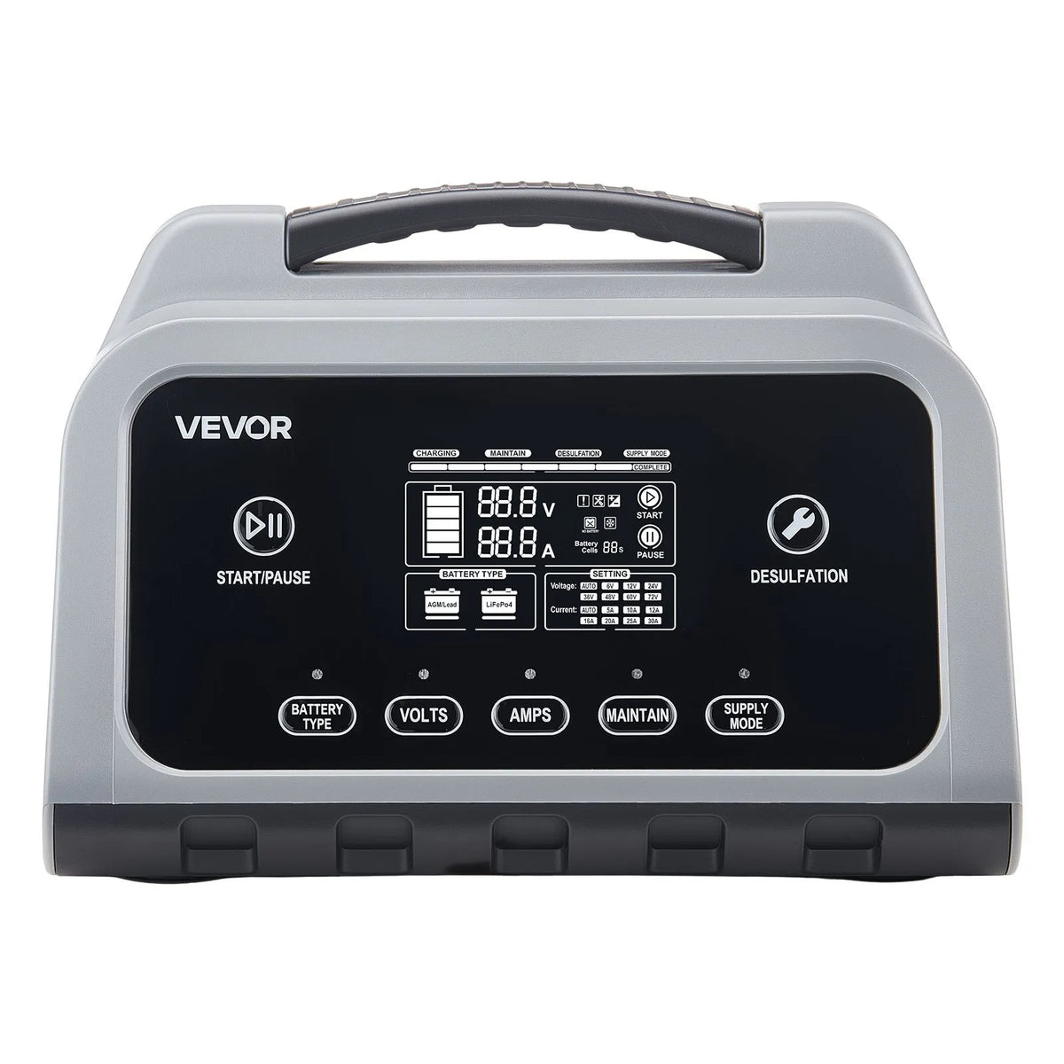 VEVOR viedais akumulatoru lādētājs 20 A, 6 V / 12 V / 24 V LiFePO4 un svina - skābes akumulatoriem (GEL / AGM), ar LCD displeju, uzturēšanas un desulfatācijas funkciju, piemērots automašīnām, laivām, motocikliem un zāles pļāvējiem - ZEMLETES.LV