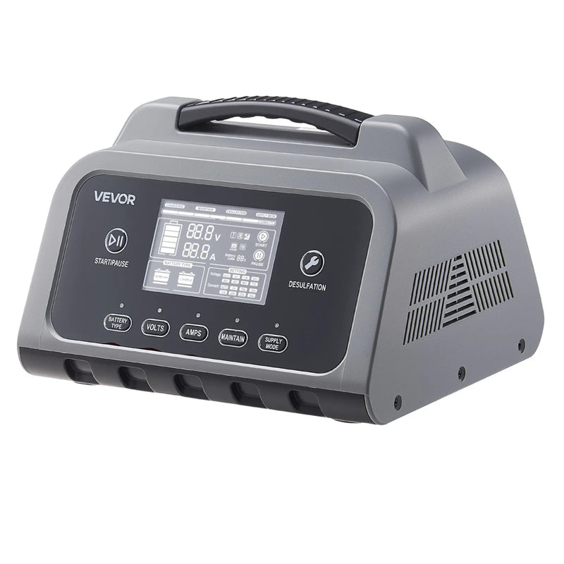 VEVOR viedais akumulatora lādētājs 25 A, 6 V / 12 V / 24 V LiFePO4 un svina - skābes (GEL/AGM) akumulatoriem, ar LCD displeju, uzturēšanas un desulfatācijas funkciju, automašīnām, laivām, motocikliem un zāles pļāvējiem - ZEMLETES.LV