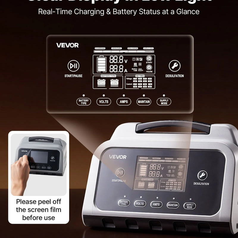 VEVOR viedais akumulatora lādētājs 25 A, 6 V / 12 V / 24 V LiFePO4 un svina - skābes (GEL/AGM) akumulatoriem, ar LCD displeju, uzturēšanas un desulfatācijas funkciju, automašīnām, laivām, motocikliem un zāles pļāvējiem - ZEMLETES.LV