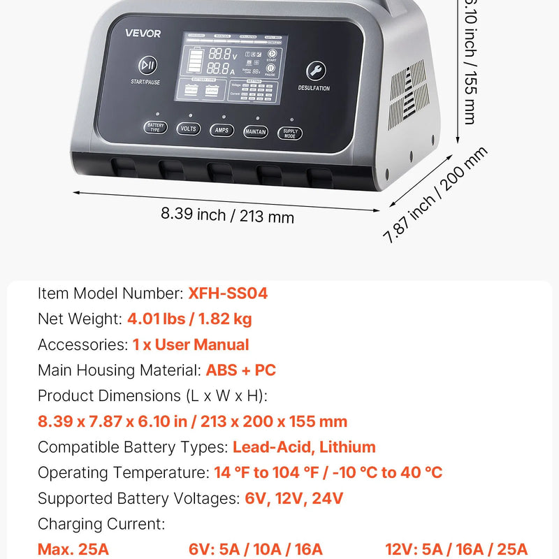 VEVOR viedais akumulatora lādētājs 25 A, 6 V / 12 V / 24 V LiFePO4 un svina - skābes (GEL/AGM) akumulatoriem, ar LCD displeju, uzturēšanas un desulfatācijas funkciju, automašīnām, laivām, motocikliem un zāles pļāvējiem - ZEMLETES.LV
