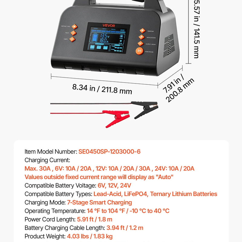 VEVOR viedais akumulatoru lādētājs, 30 A, 6/12/24 V, LiFePO4 un svina-skābes akumulatoriem, ar 96,5 mm LCD displeju