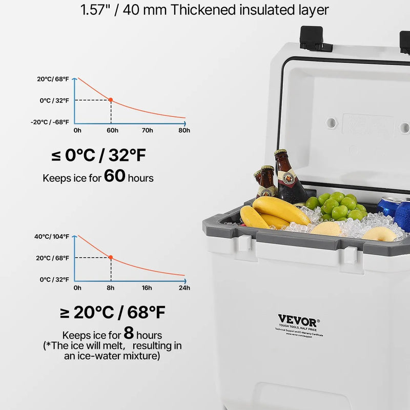 36 LVEVOR pārnēsājams cietais dzesētājs, ar ilgu ledus noturību, izturīgiem rokturiem un glāžu turētājiem, vieglas un izturīgas konstrukcijas termoizolēta ledus kaste, piemērota ģimenes piknikiem un tāliem braucieniem
