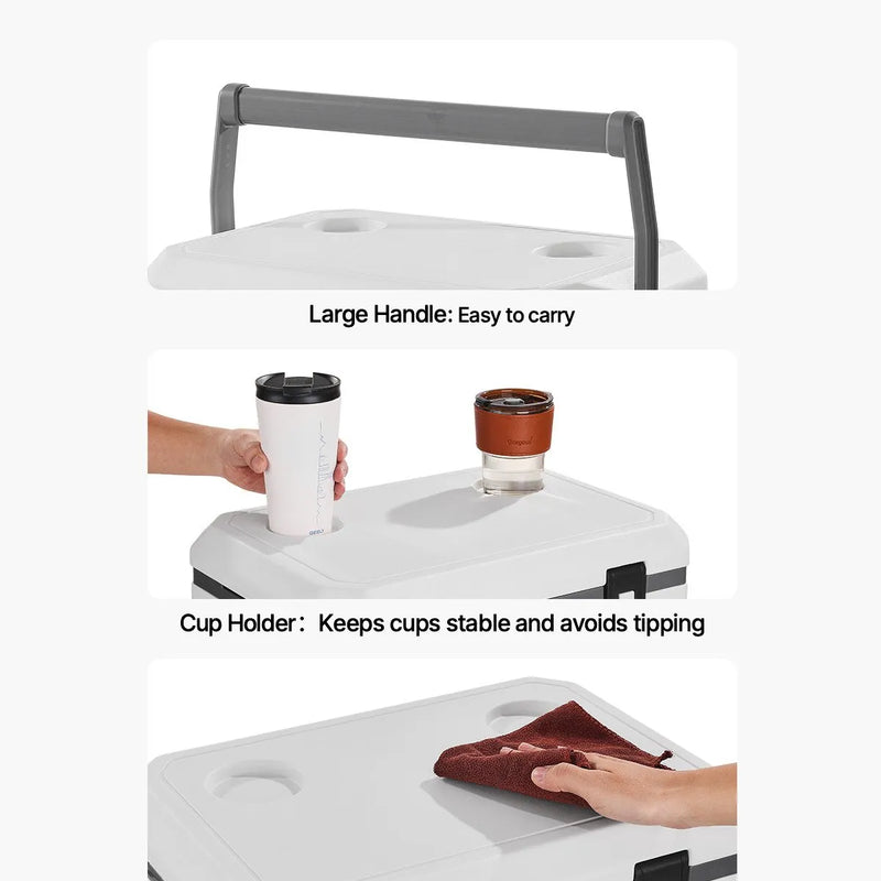 36 LVEVOR pārnēsājams cietais dzesētājs, ar ilgu ledus noturību, izturīgiem rokturiem un glāžu turētājiem, vieglas un izturīgas konstrukcijas termoizolēta ledus kaste, piemērota ģimenes piknikiem un tāliem braucieniem