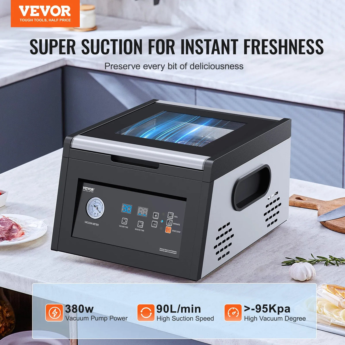 VEVOR kameru vakuuma iepakotājs 380 W, 290 mm blīvējums, mitriem produktiem un gaļai