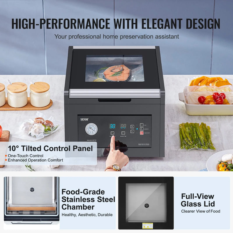 VEVOR kameru vakuuma iepakotājs, 380 W vakuuma sūkņa jauda, vakuuma iepakošanas iekārta mitriem produktiem un gaļai, kompakts dizains, 290 mm blīvēšanas garums, piemērots profesionālai un mājas lietošanai