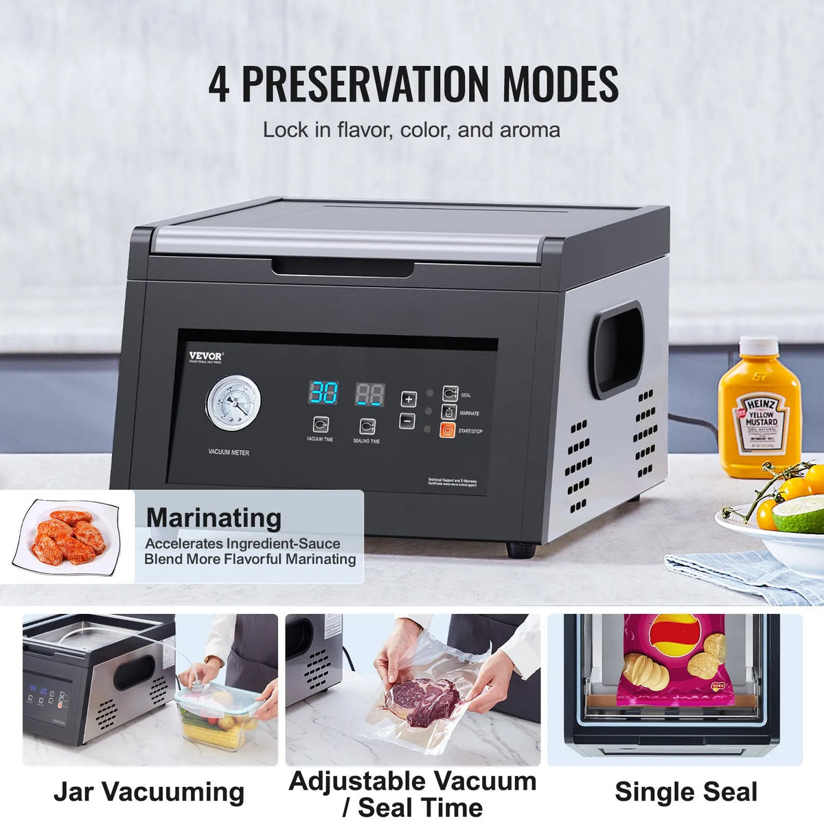 VEVOR kameru vakuuma iepakotājs 380 W, 290 mm blīvējums, mitriem produktiem un gaļai
