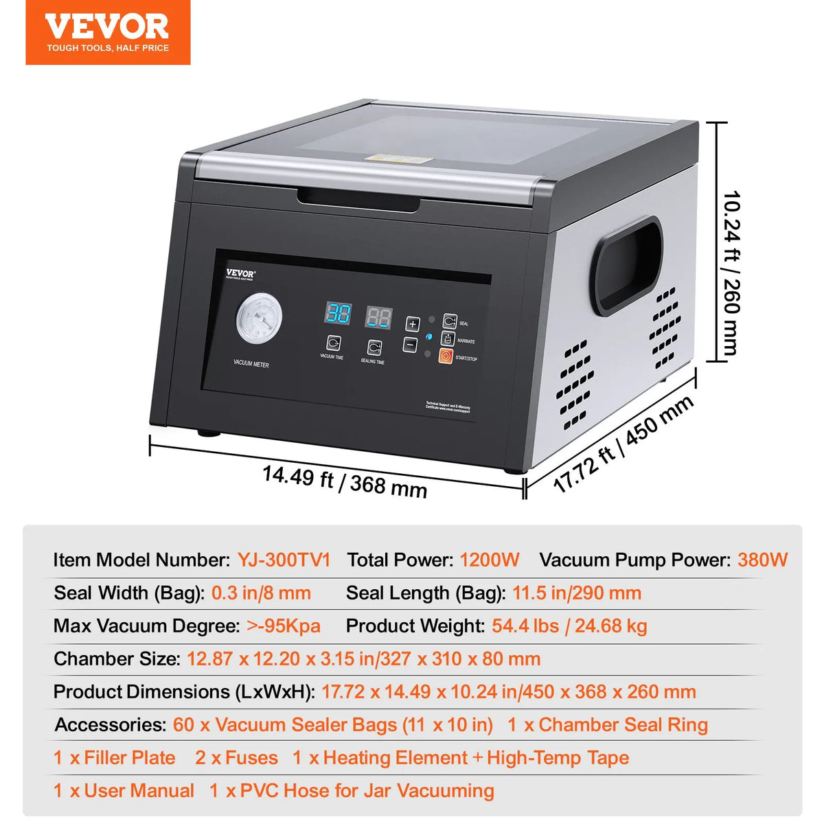 VEVOR kameru vakuuma iepakotājs 380 W, 290 mm blīvējums, mitriem produktiem un gaļai