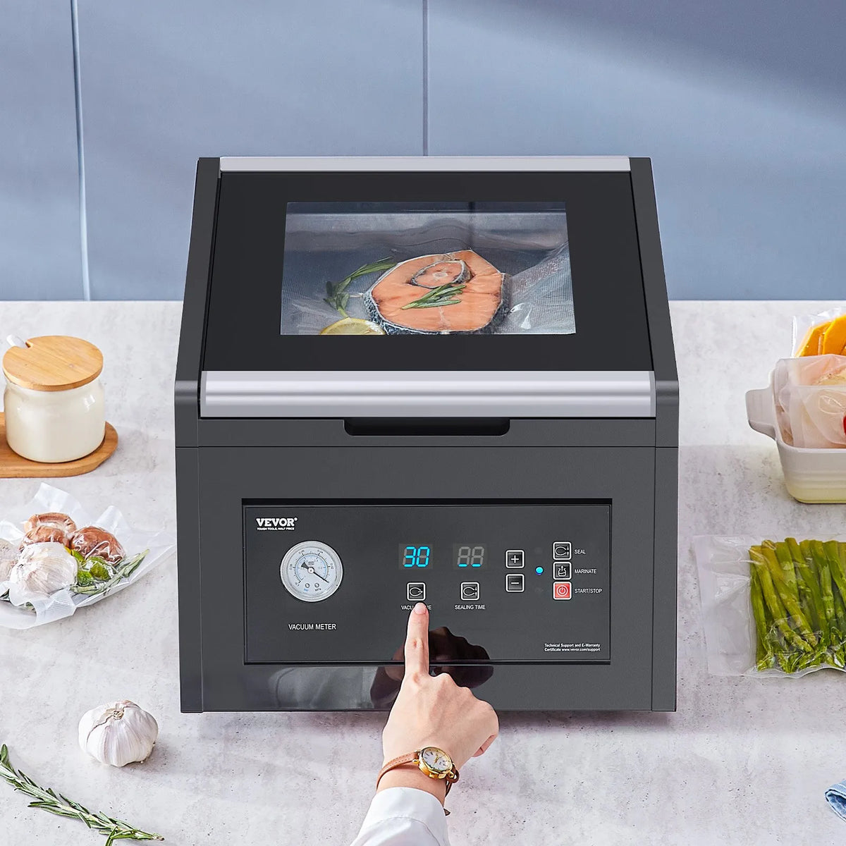 VEVOR kameru vakuuma iepakotājs 380 W, 290 mm blīvējums, mitriem produktiem un gaļai