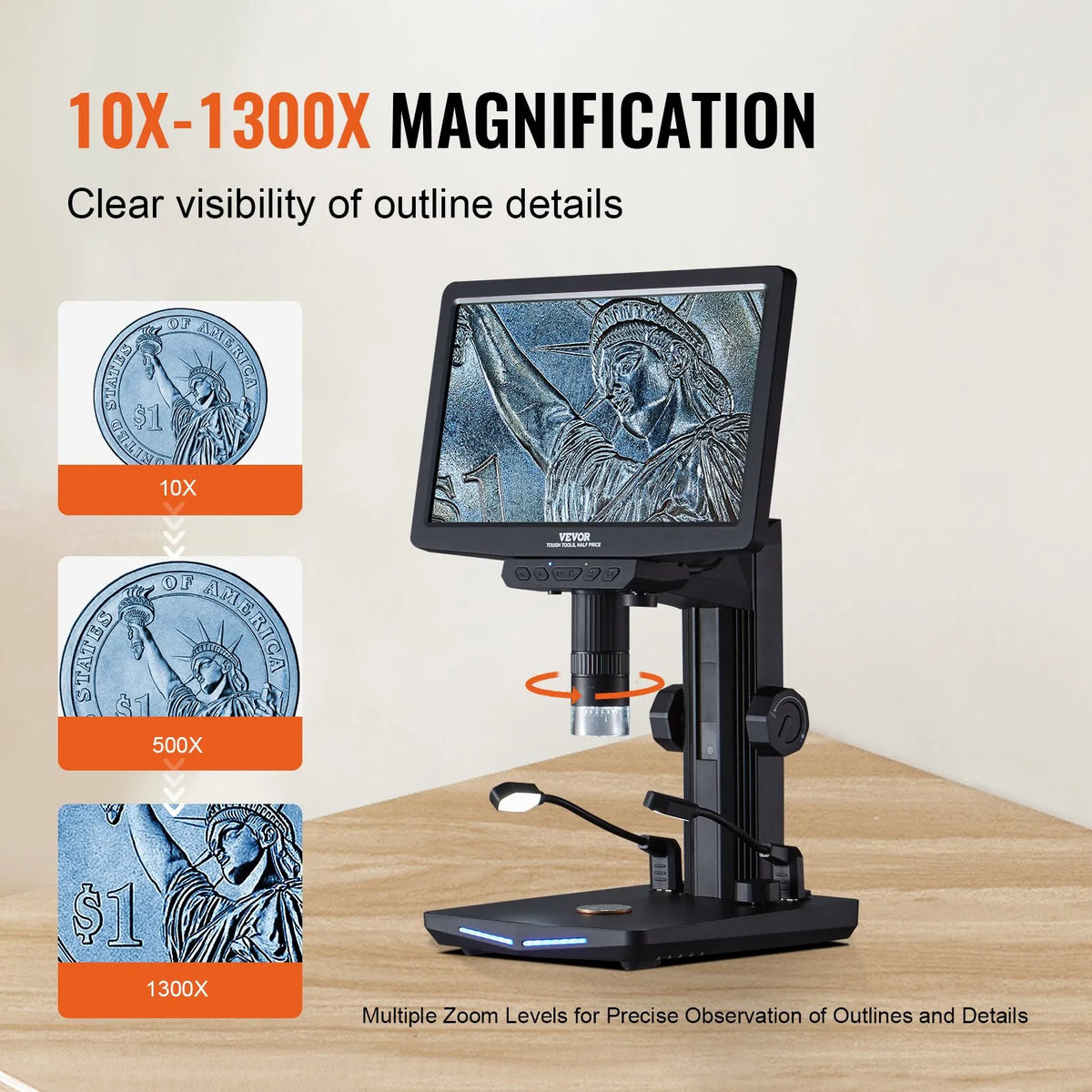 VEVOR Digital Microscope with 25.7 cm IPS Screen and 10–1300× Magnification, Suitable for Coin and Fine Detail Inspection