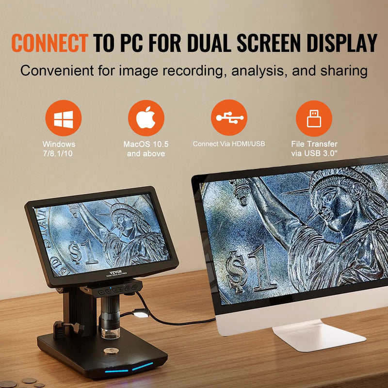 VEVOR digitālais mikroskops ar 25,7 cm IPS ekrānu un 10-1300× palielinājumu, piemērots monētu un smalko detaļu novērošanai