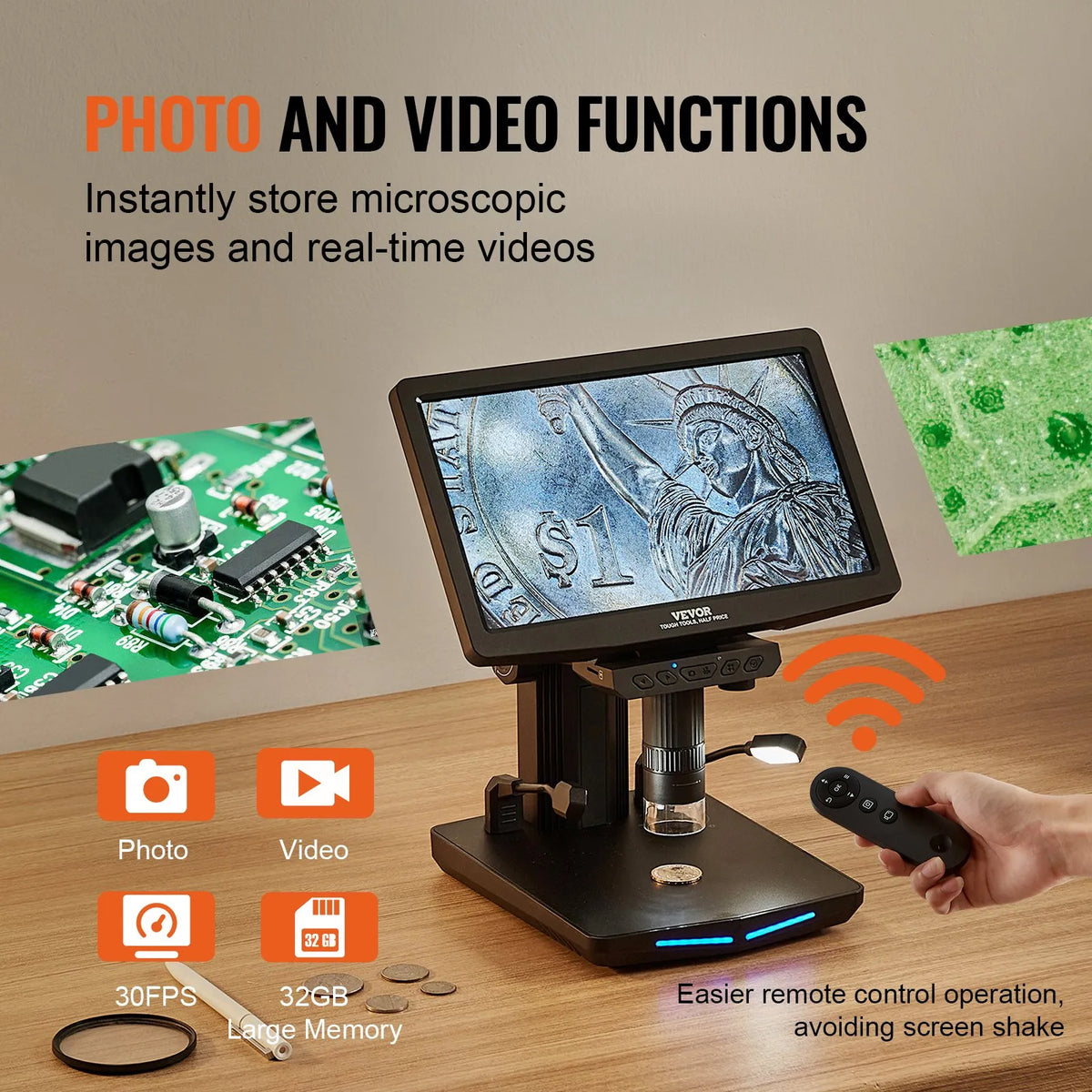 VEVOR Digital Microscope with 25.7 cm IPS Screen and 10–1300× Magnification, Suitable for Coin and Fine Detail Inspection
