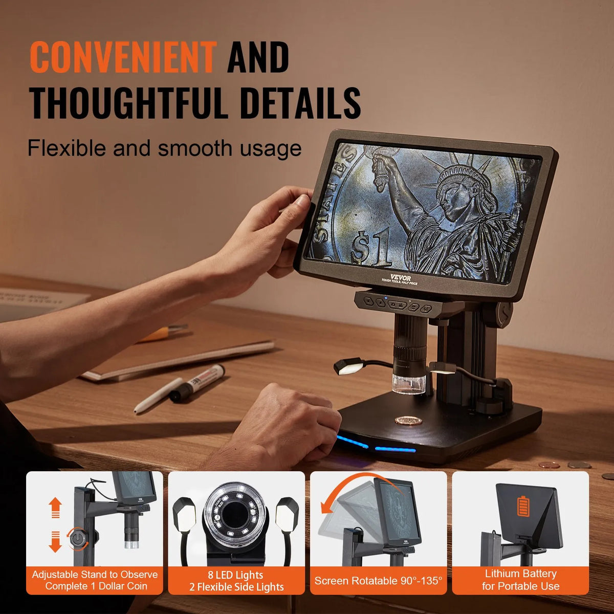 VEVOR Digital Microscope with 25.7 cm IPS Screen and 10–1300× Magnification, Suitable for Coin and Fine Detail Inspection