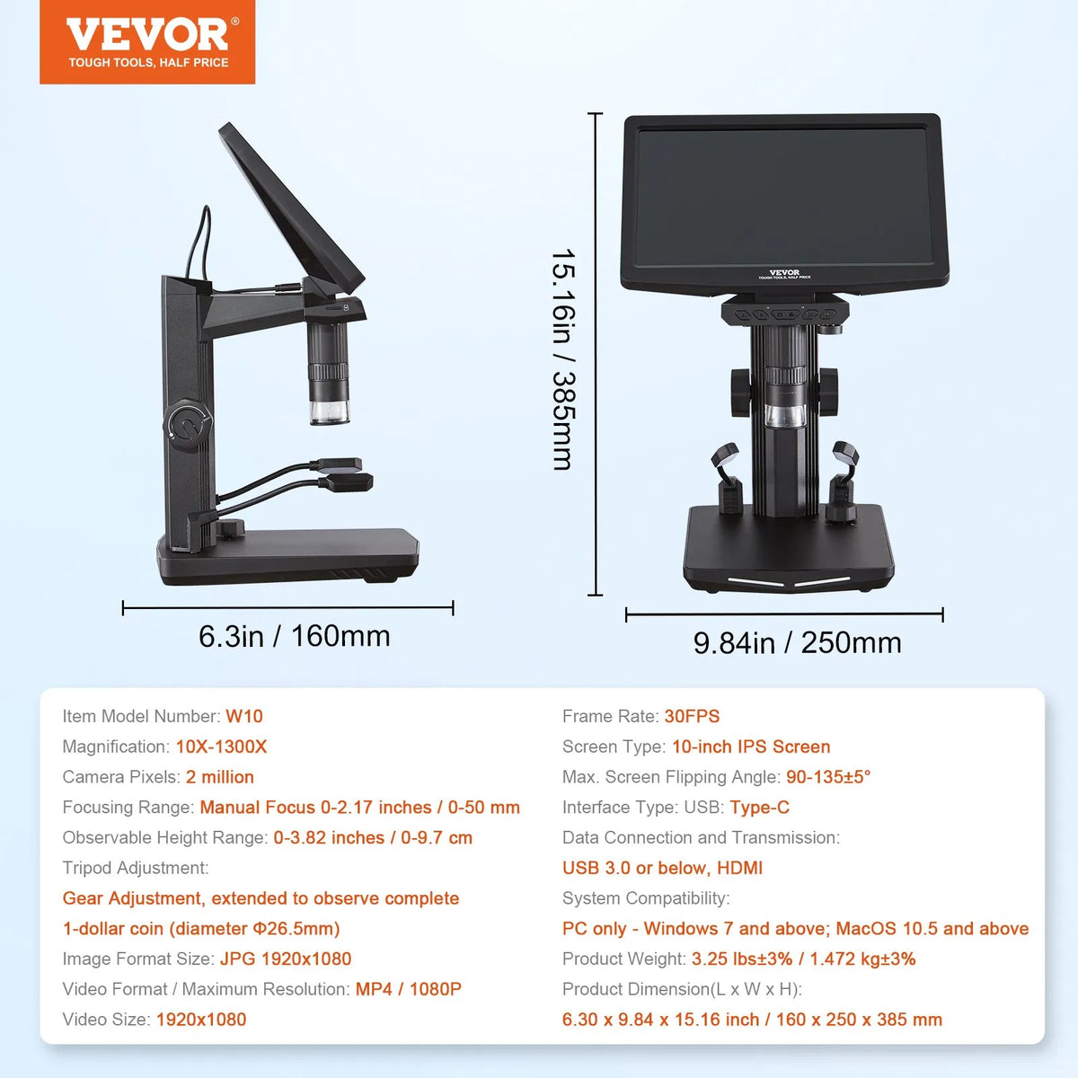 VEVOR Digital Microscope with 25.7 cm IPS Screen and 10–1300× Magnification, Suitable for Coin and Fine Detail Inspection