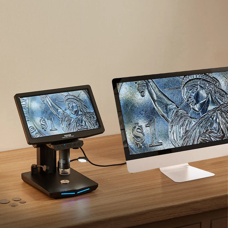 VEVOR digitālais mikroskops ar 25,7 cm IPS ekrānu un 10-1300× palielinājumu, piemērots monētu un smalko detaļu novērošanai
